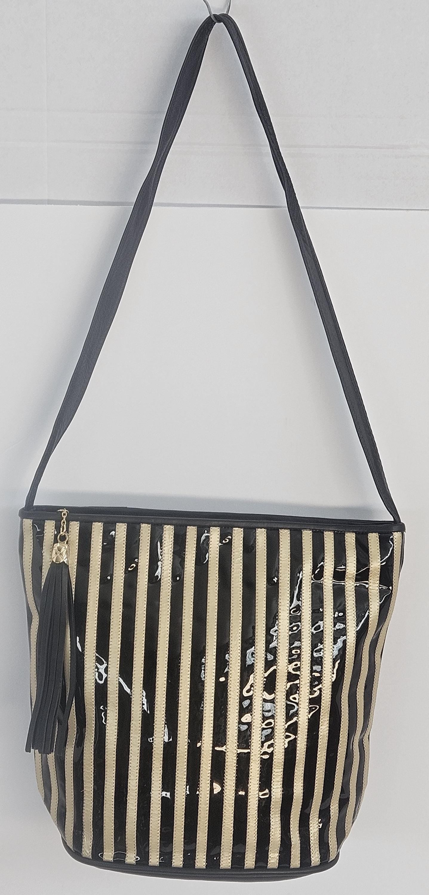 Zigzag Leather Handbag: Black Patton & Champagne Stripes, Handmade in USA