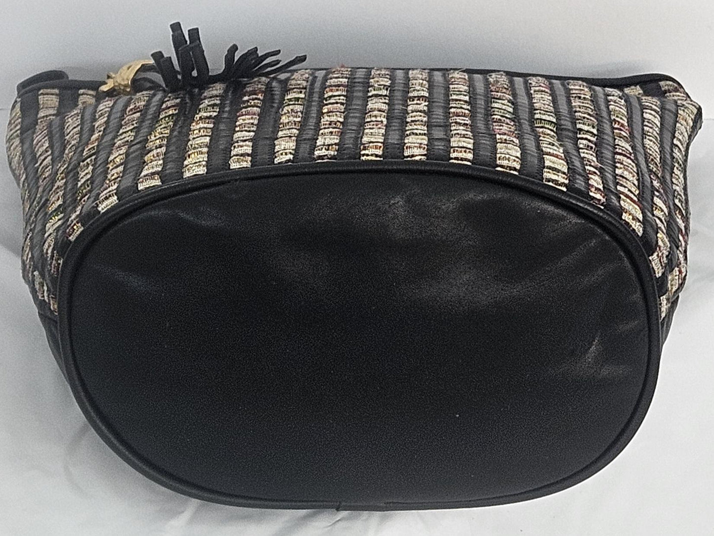 Black with Champagne fabric Stripes Zigzag Genuine Leather Hand Made Handbag.#TR2022Bk-cham-mix-s.Made in USA!