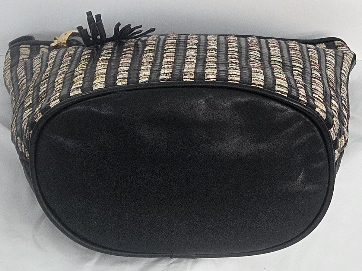Handmade Black Leather Handbag: Champagne Fabric Stripes, Made in USA