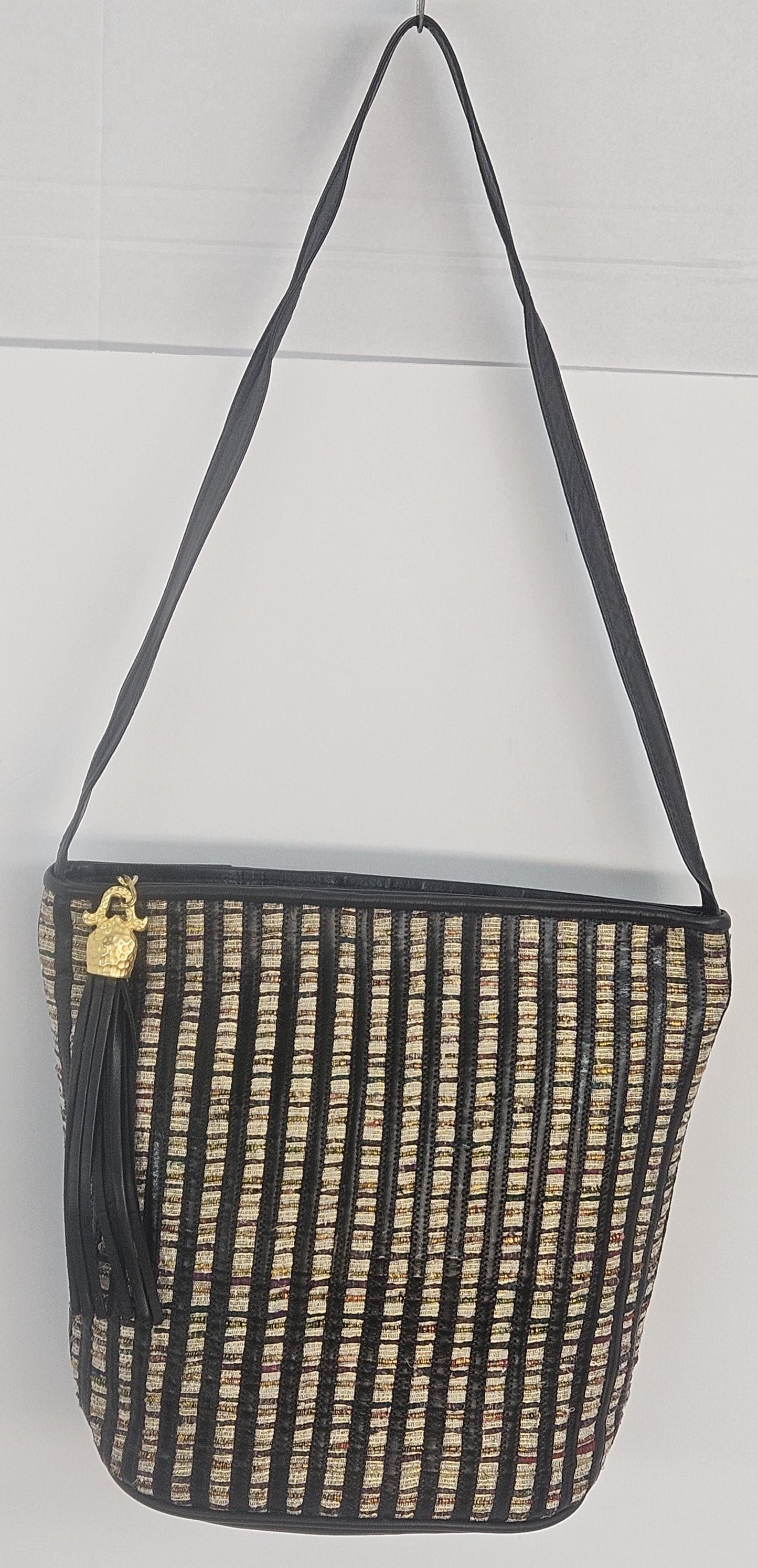 Black with Champagne fabric Stripes Zigzag Genuine Leather Hand Made Handbag.#TR2022Bk-cham-mix-s.Made in USA!