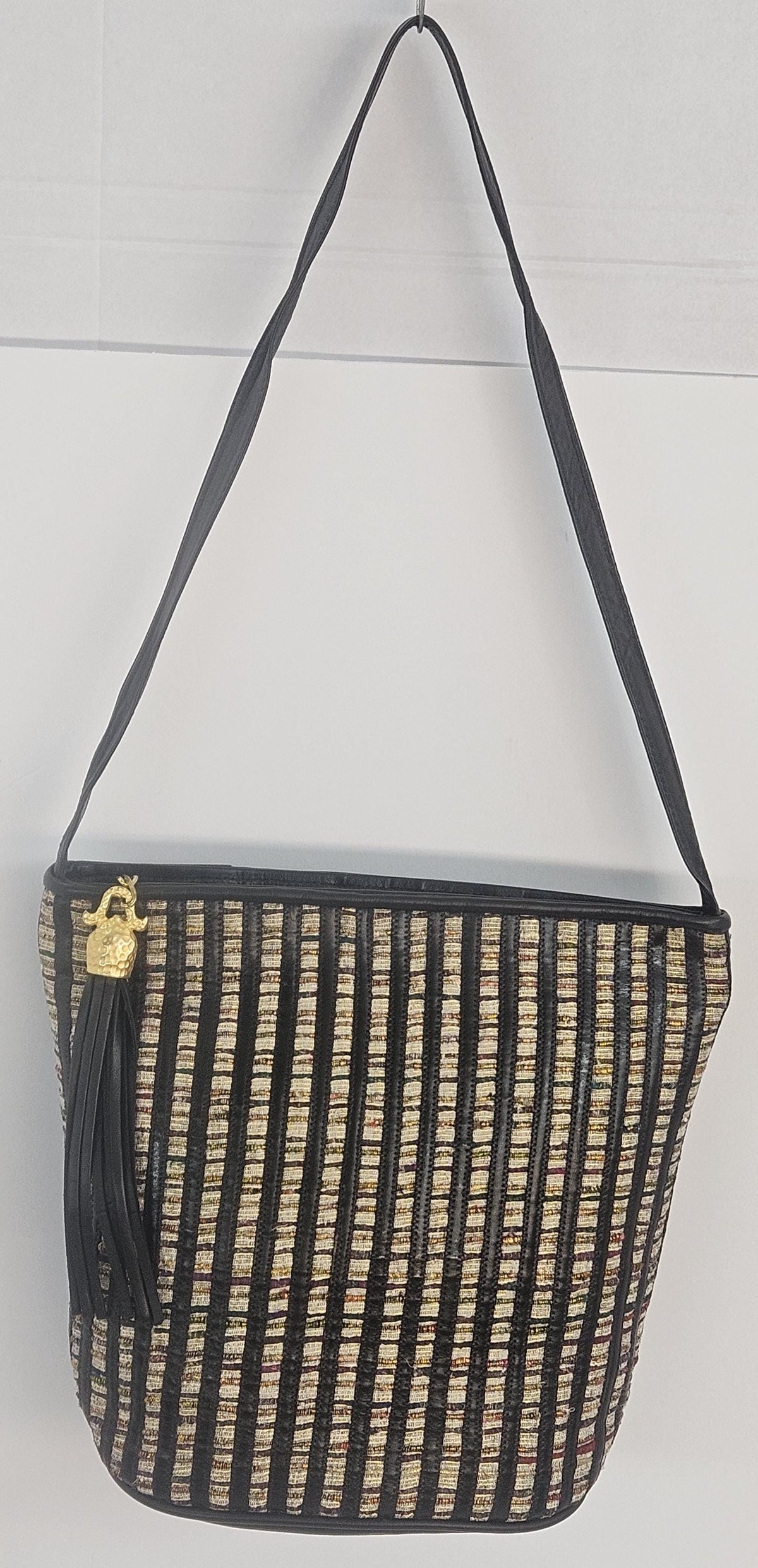 Handmade Black Leather Handbag: Champagne Fabric Stripes, Made in USA