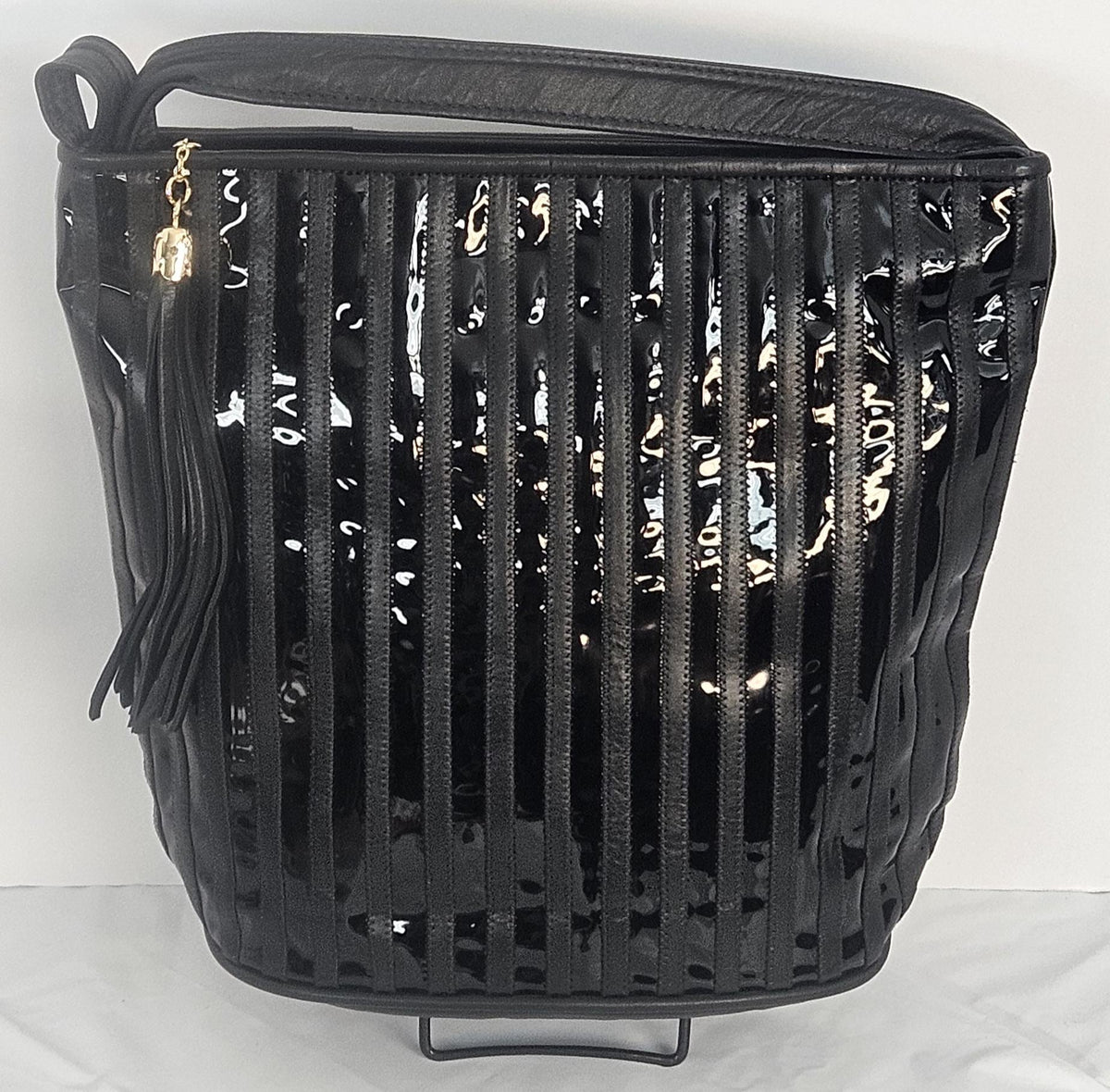 Black Zigzag Leather Handbag: Handmade Patton Stripes, Made in USA