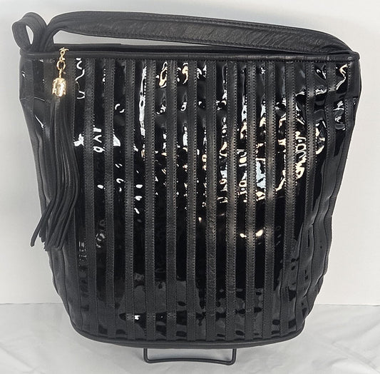 Black Zigzag Leather Handbag: Handmade Patton Stripes, Made in USA