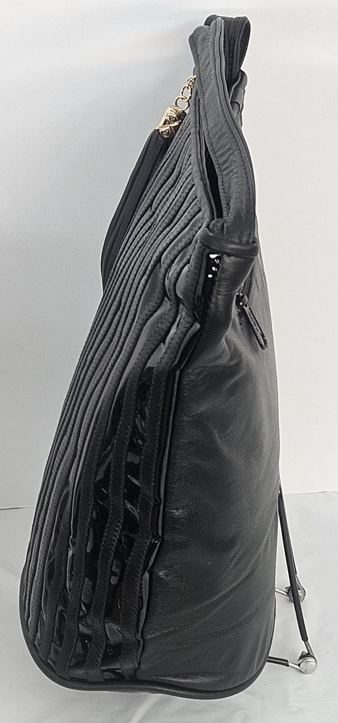 Black Zigzag Leather Handbag: Handmade Patton Stripes, Made in USA