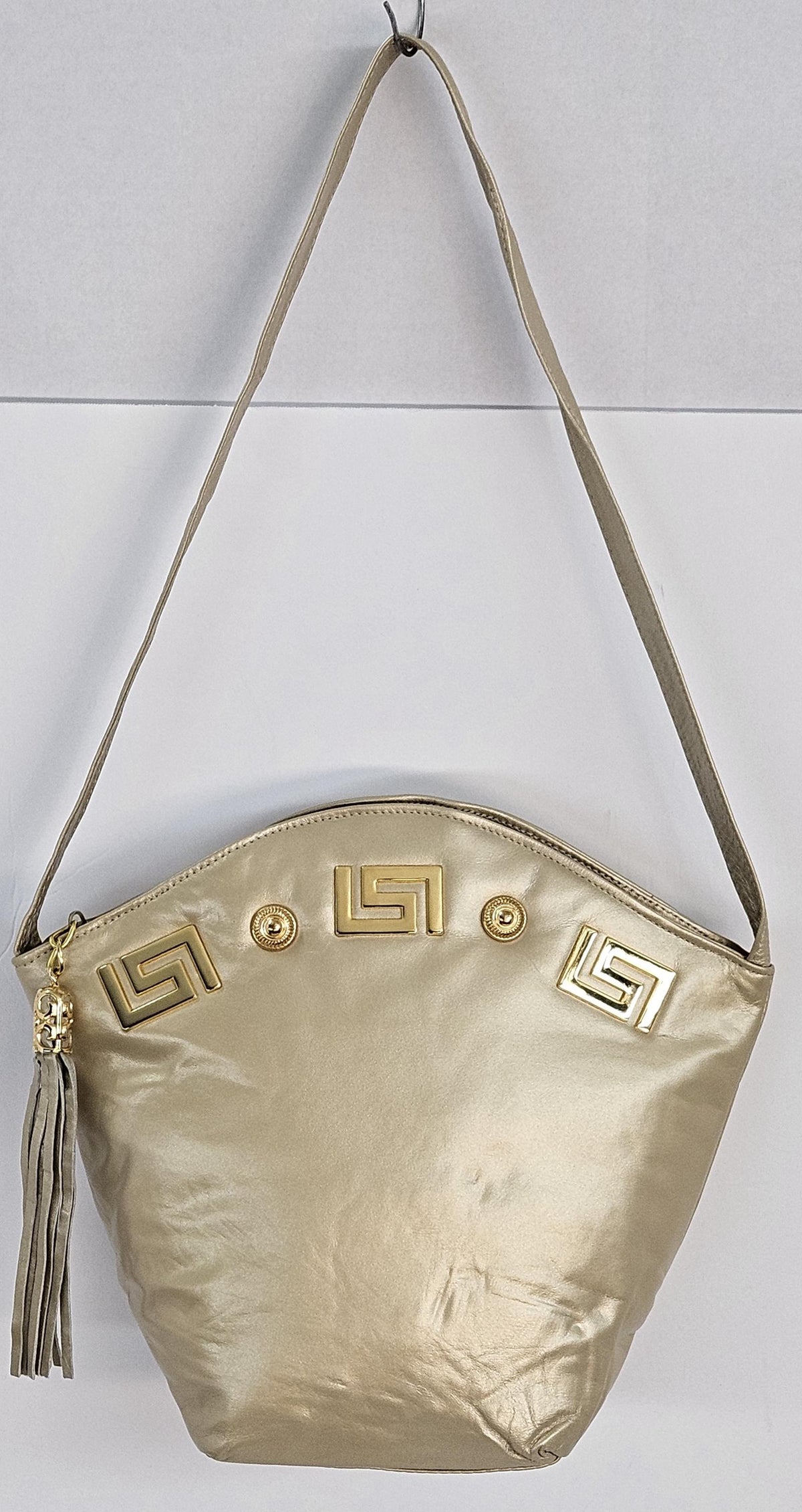 Champagne Genuine Leather Handbag: Gold Accents, Handmade in USA