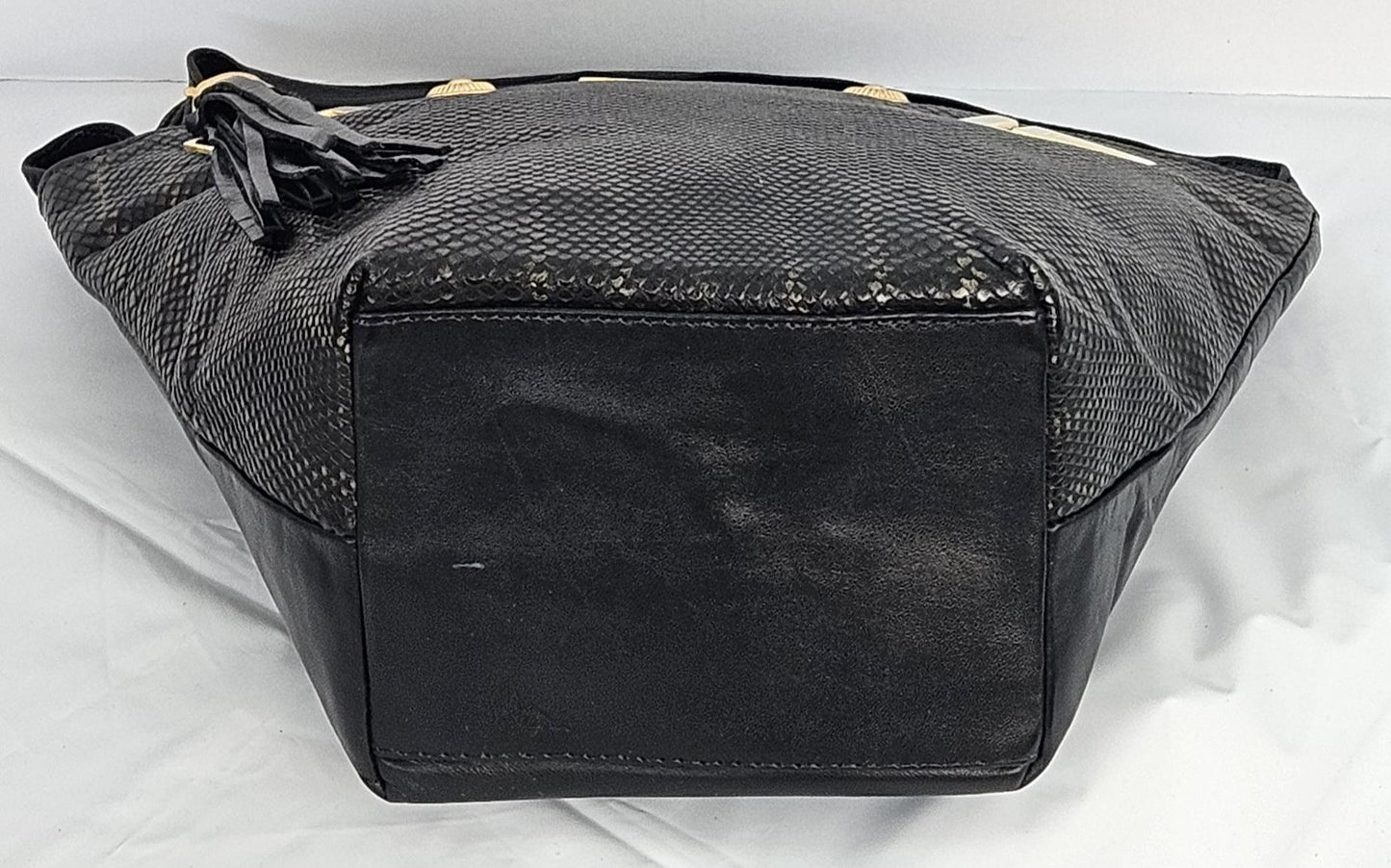 Two-Tone Black Leather Handbag: Gold Metal Detail, Handmade in USA