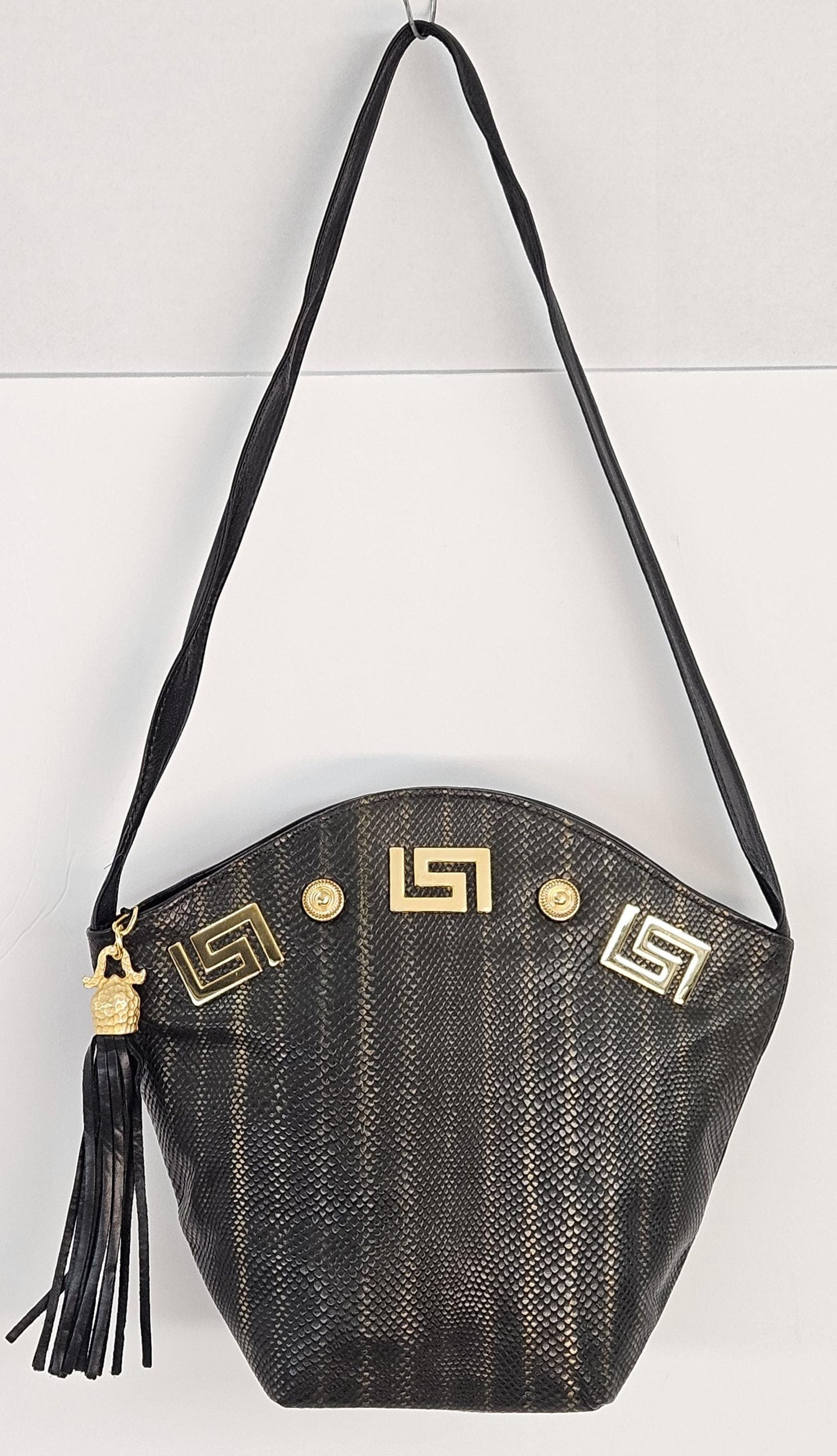 Two-Tone Black Leather Handbag: Gold Metal Detail, Handmade in USA