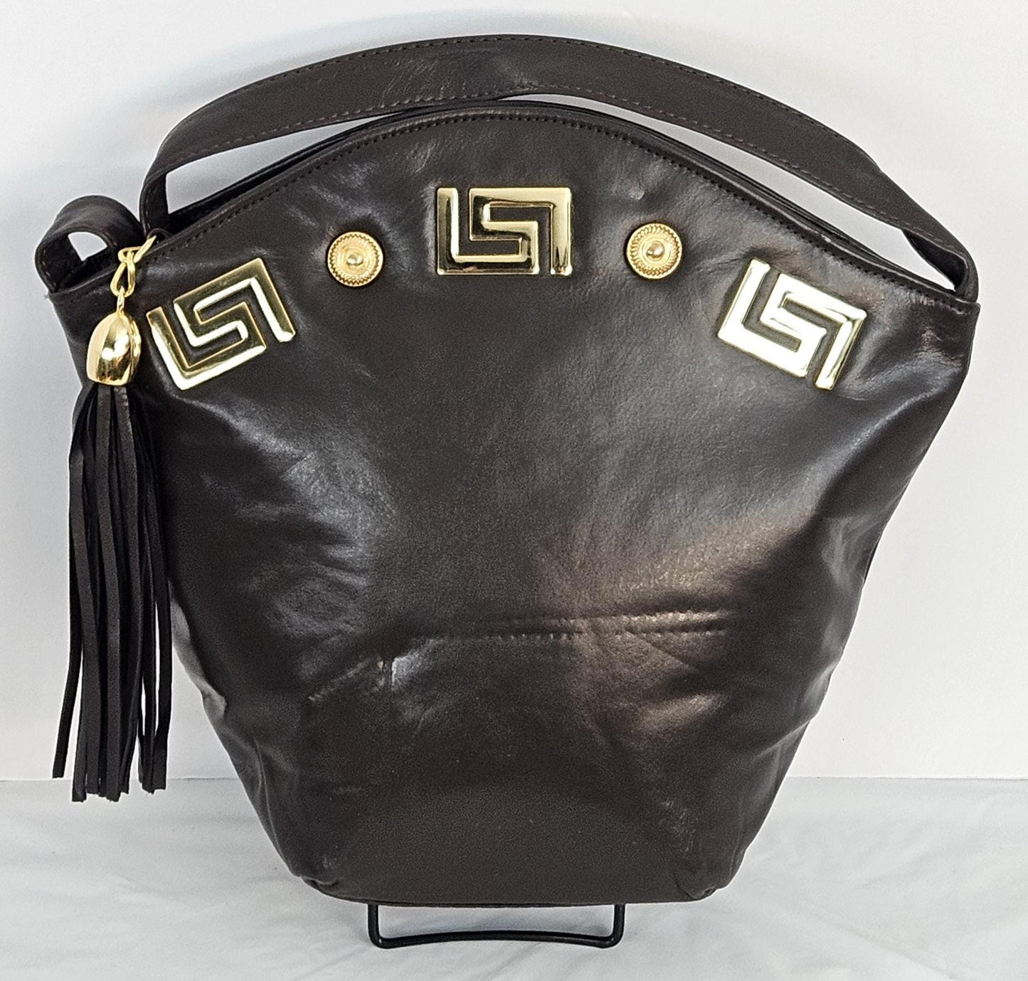 Brown Genuine Leather with Gold Z and Butten metal design on  Hand Made Handbag!#TR9047-Brown-gmzb Made in USA