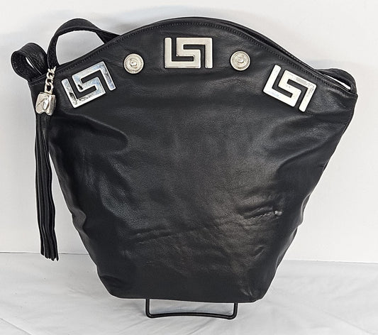 Black Genuine Leather with Silver Z and Butten metal design on  Hand Made Handbag!#TR9047-Black-smzb Made in USA