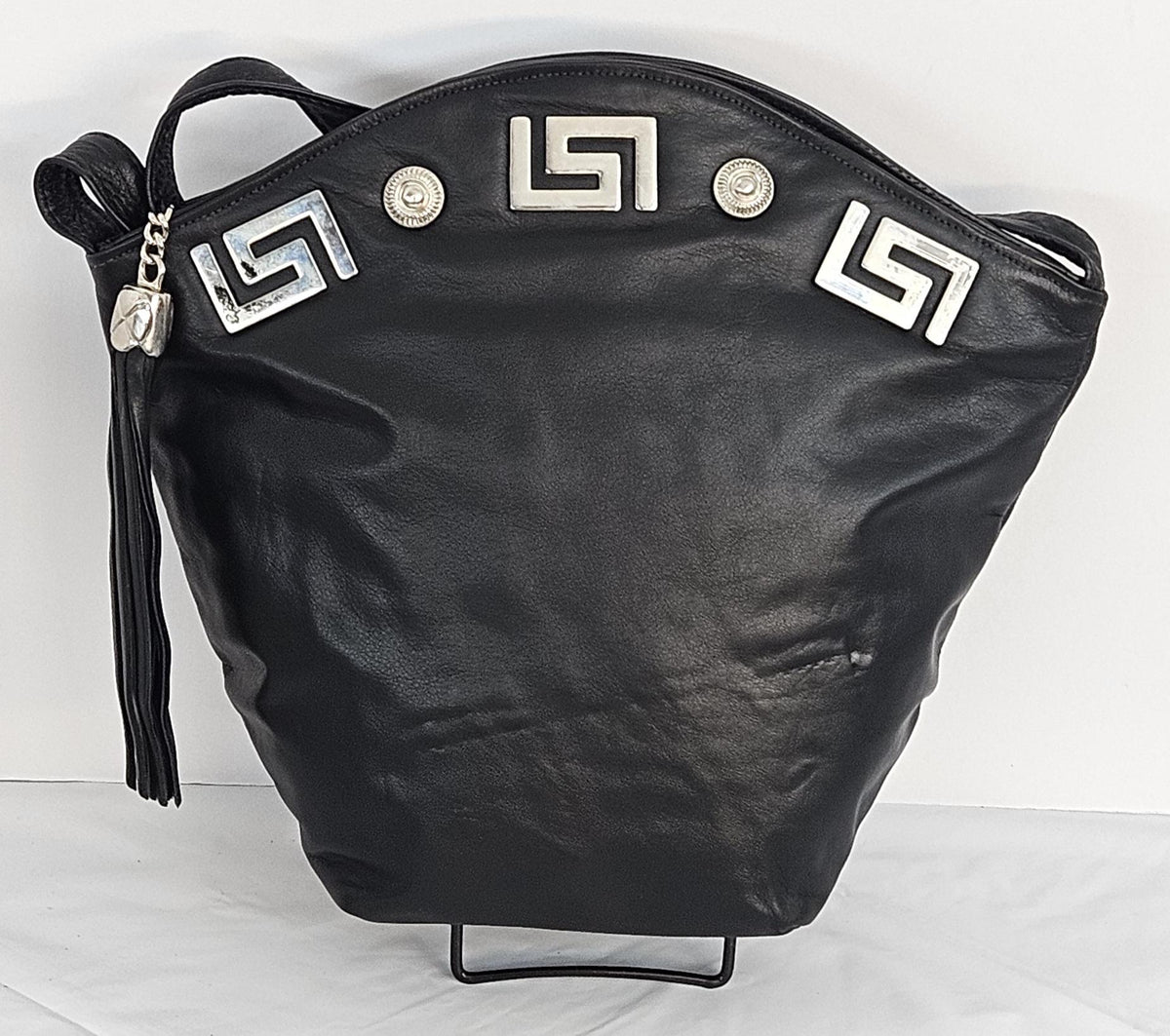 Handmade Black Genuine Leather Handbag: Silver Accents, Made in USA