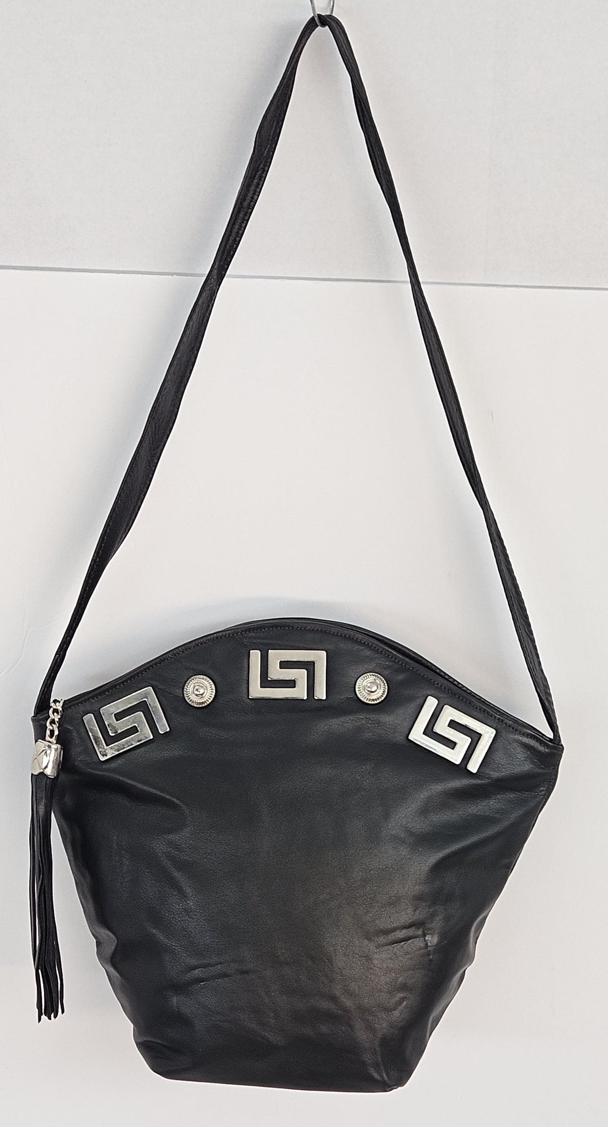 Handmade Black Genuine Leather Handbag: Silver Accents, Made in USA