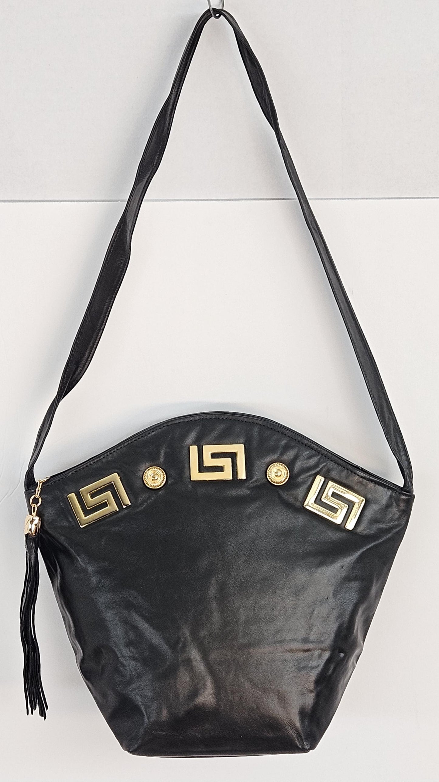 Black Genuine Leather Handbag: Gold Metal Detail, Handmade in USA