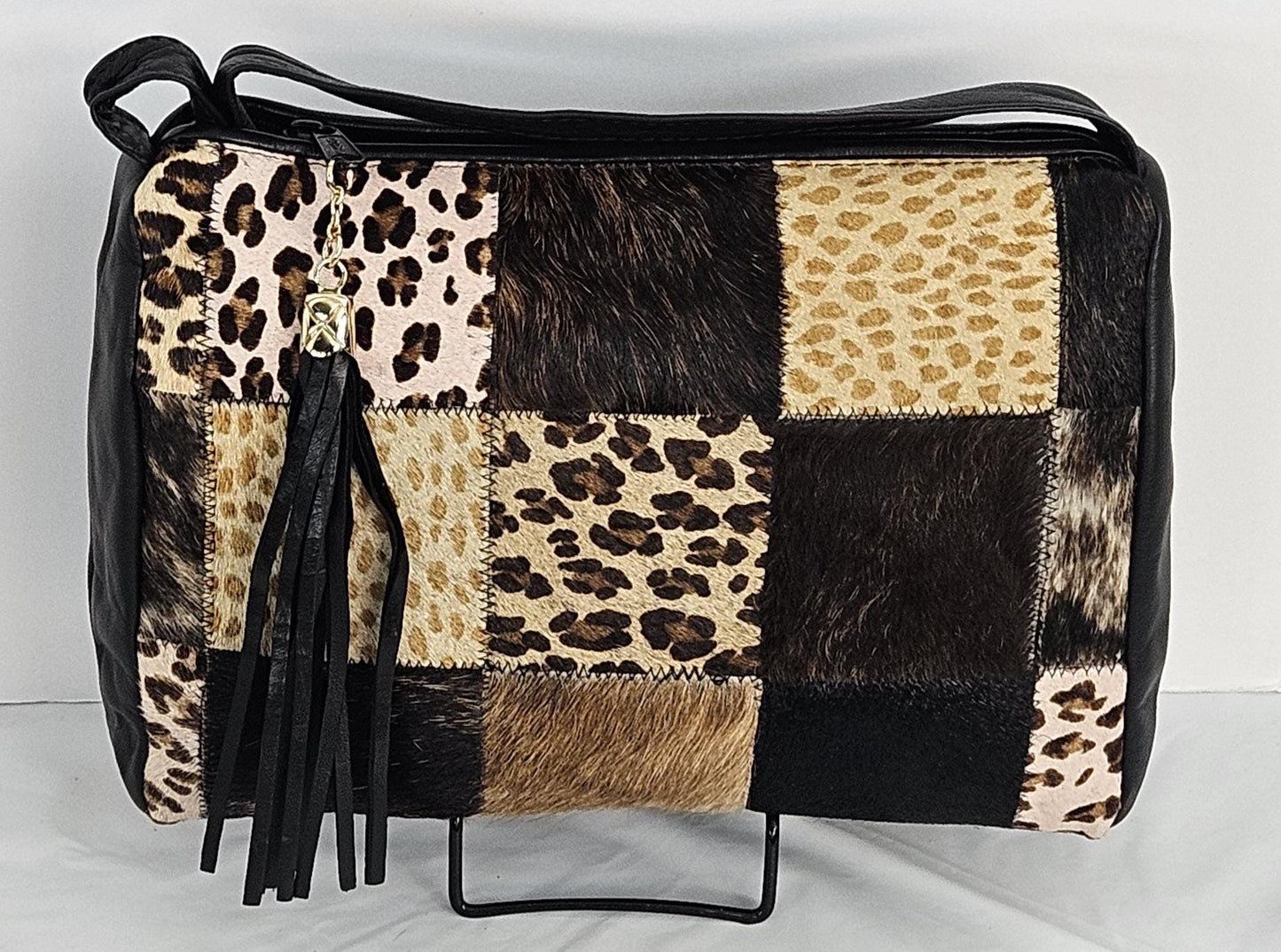Zigzag Print Leather Handbag: Handmade Black Shoulder Bag, Made in USA