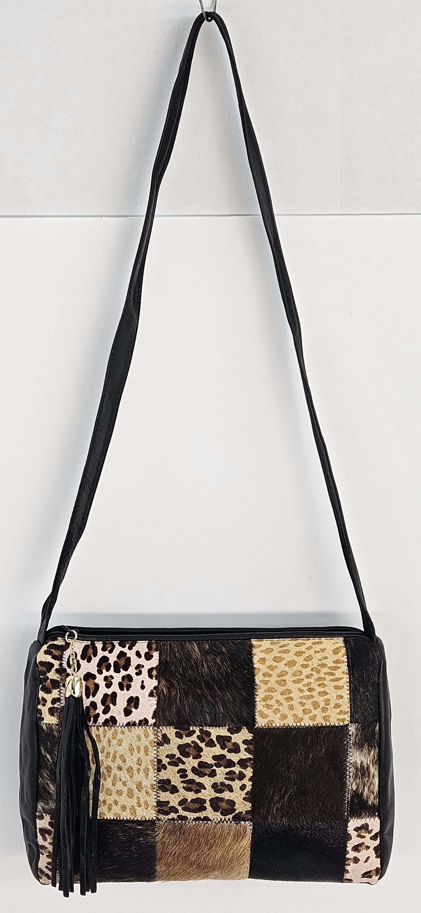 Zigzag Print Leather Handbag: Handmade Black Shoulder Bag, Made in USA