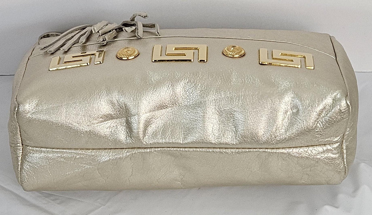Cream Metallic Leather Handbag: Handmade Gold Detail, Made in USA