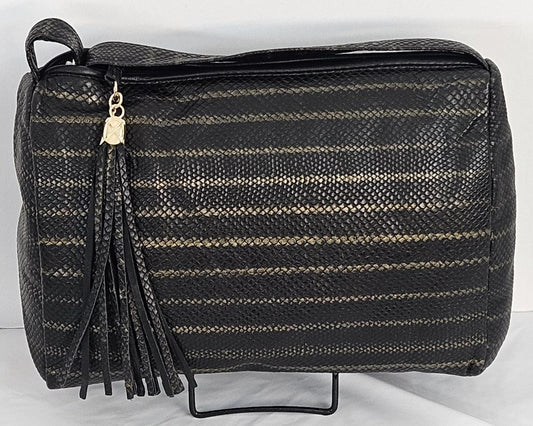 Black Two-Tone Horizontal stripes print Genuine leather  Hand Made Handbag.TR2018Bk-2tHSp.Made in USA