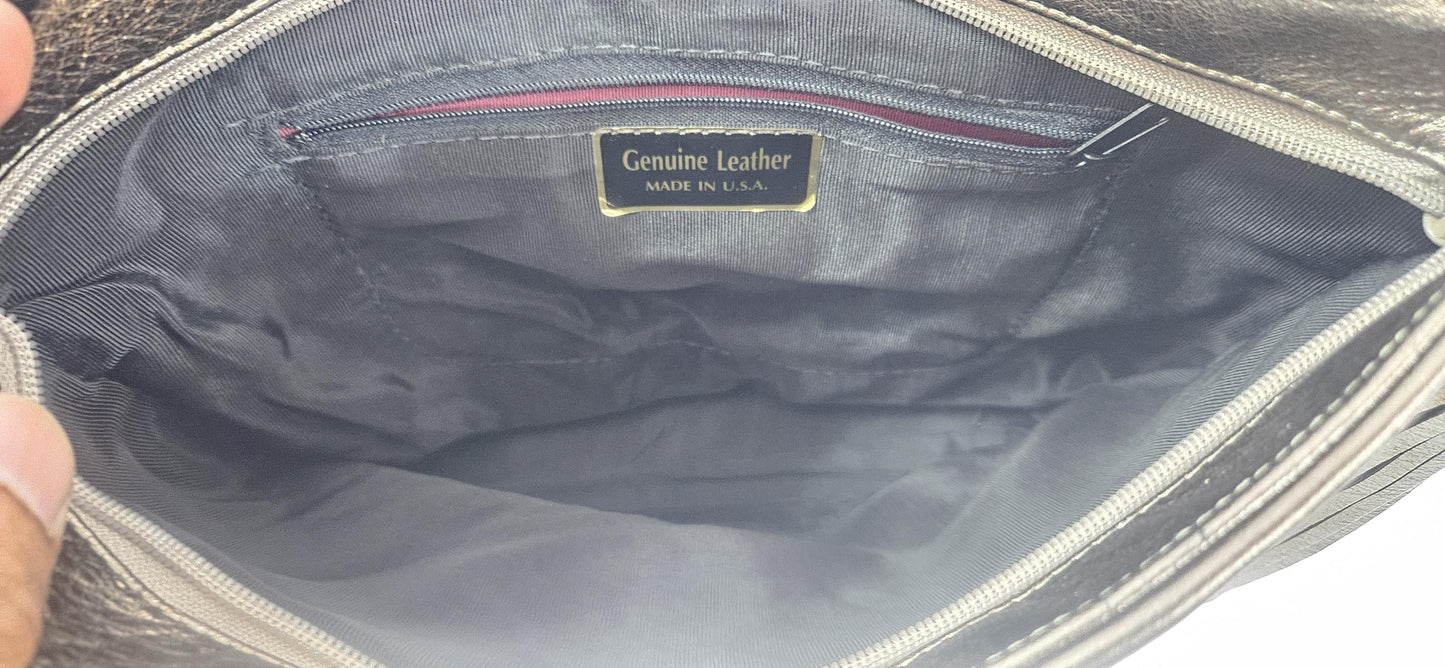 Pewter with 6 diamond cut Zigzag Genuine Leather Hand Made Handbag#TR2022P6dc-gsb.Made in USA!