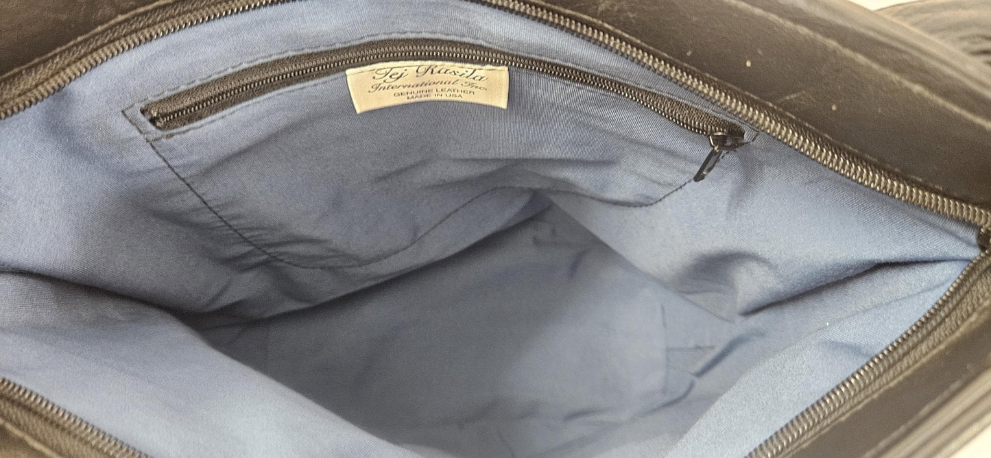 Black with mix Square print Zigzag Genuine Leather Hand Made Handbag.#TR2022Bk-m-sq.Made in USA!