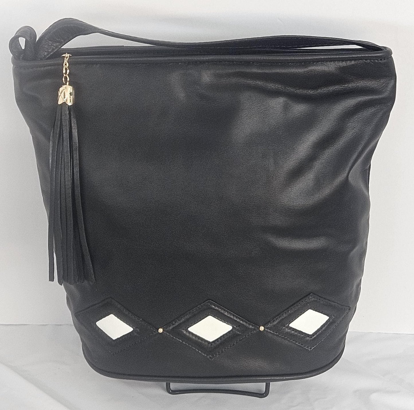 Black with 3 black&white diamond cut Zigzag Genuine Leather Hand Made Handbag#TR2022bk-3dc.Made in USA!