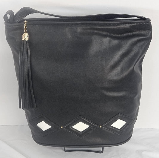Black with 3 black&white diamond cut Zigzag Genuine Leather Hand Made Handbag#TR2022bk-3dc.Made in USA!