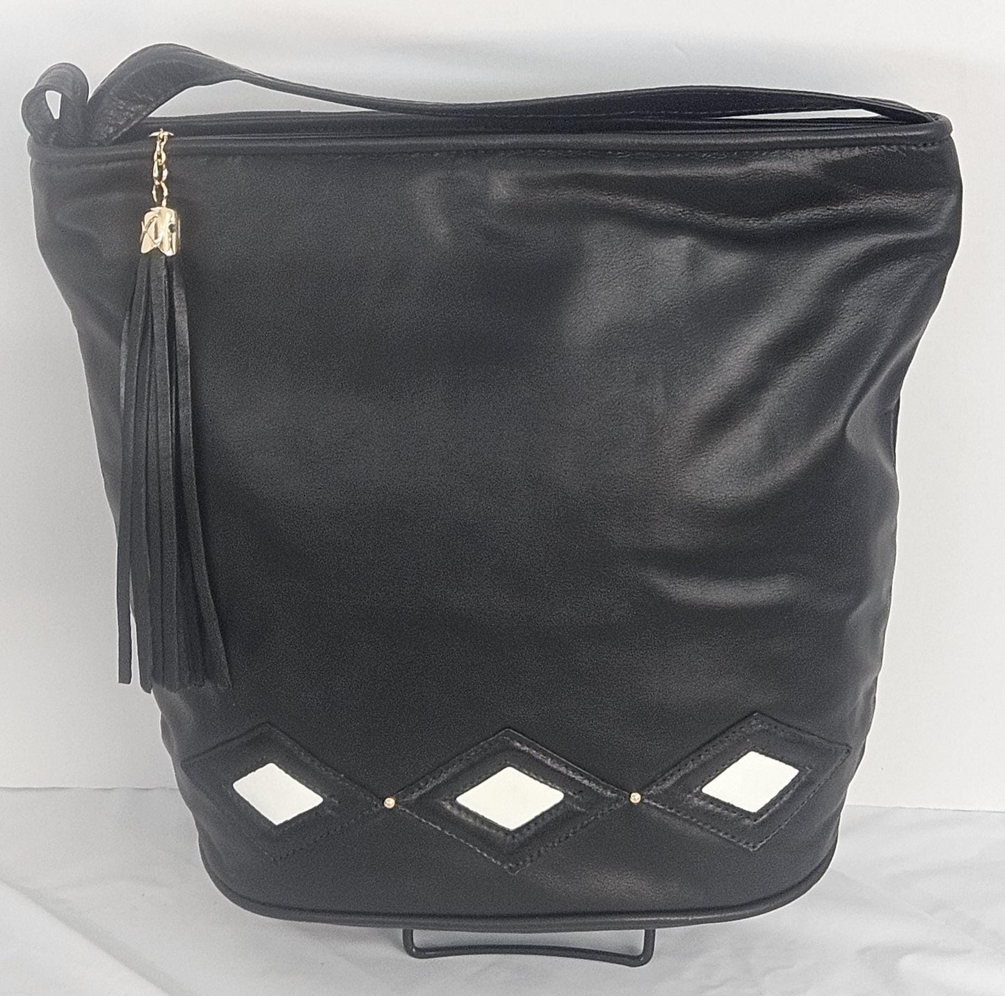 Black Diamond Cut Zigzag Leather Handbag: Handmade in USA