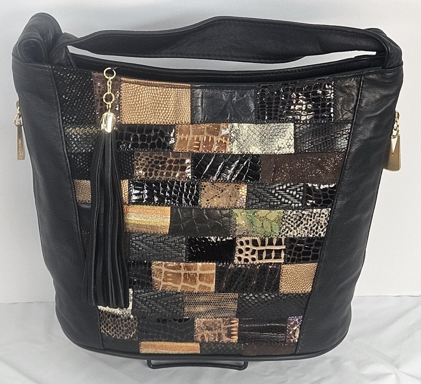 Black with Mix Print Zigzag Leather Hand Made Handbag!Made in USA!TR8006Bk-mix-z