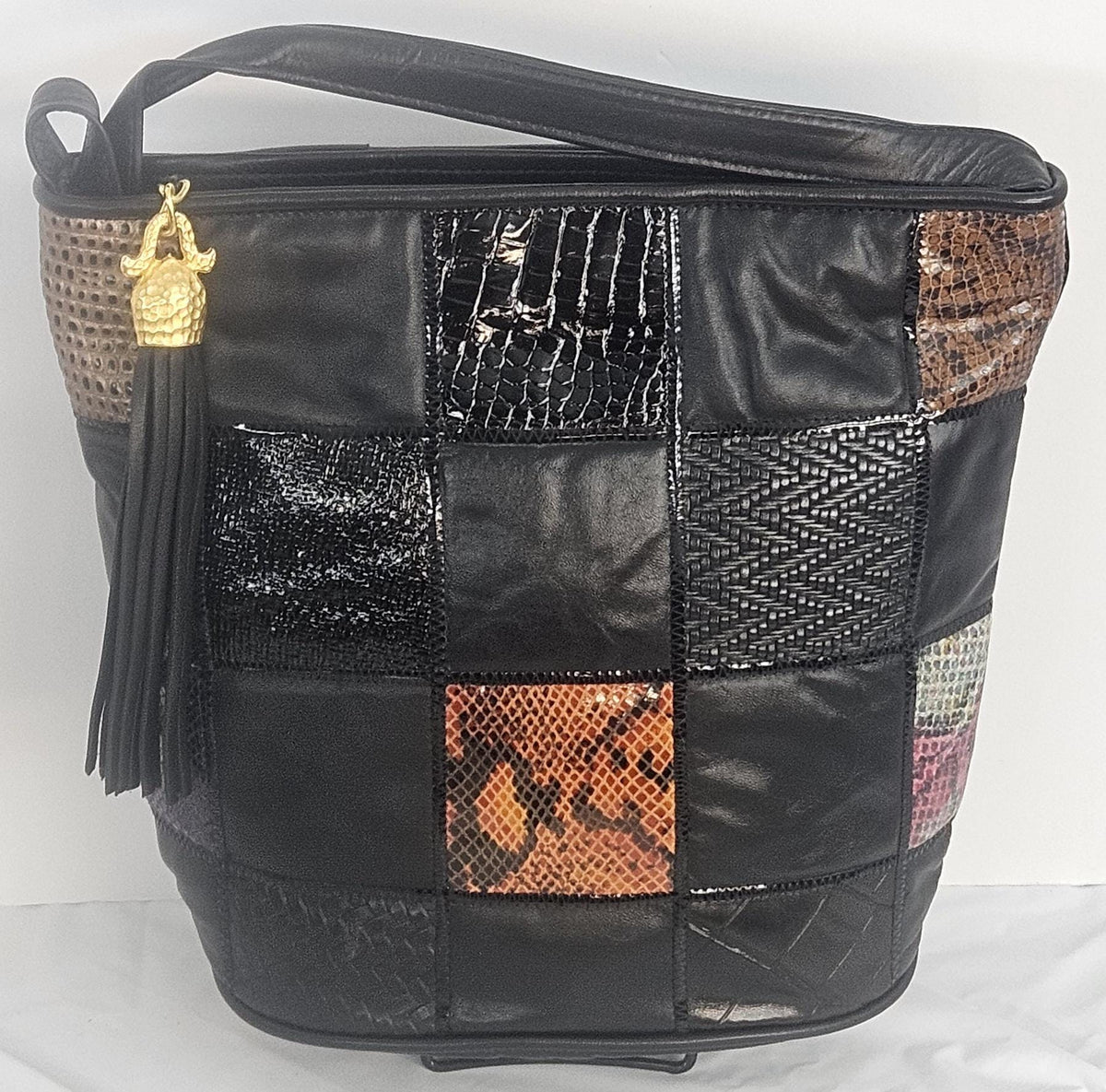 Handmade Leather Handbag: Black Zigzag Square Print, Made in USA