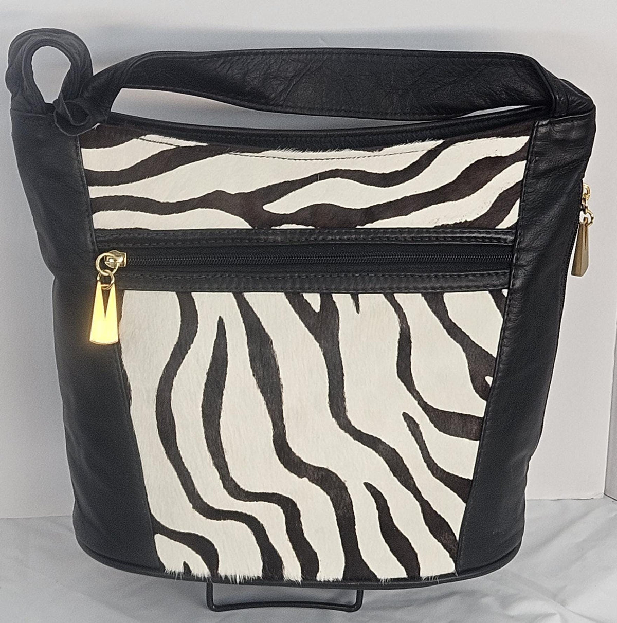 Handmade Zebra Print Leather Handbag: Black & White, Made in USA