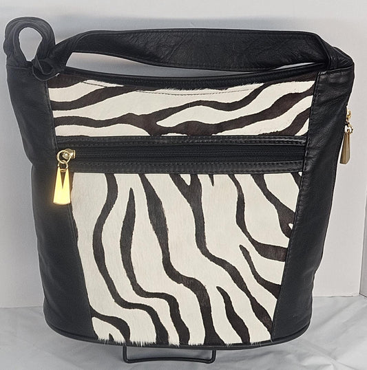 Handmade Zebra Print Leather Handbag: Black & White, Made in USA