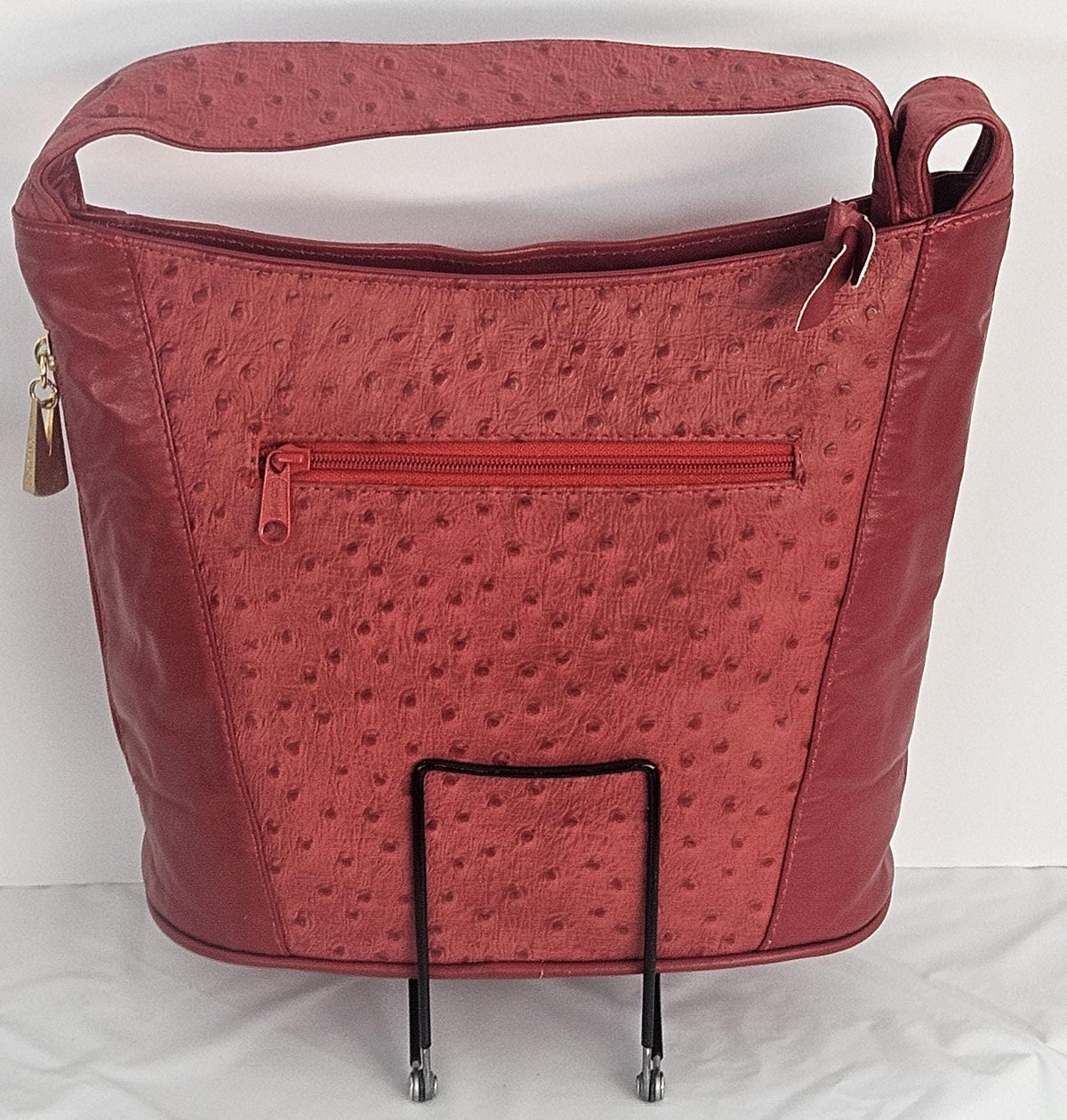 Red Ostrich Print Leather Handbag: Handmade in USA