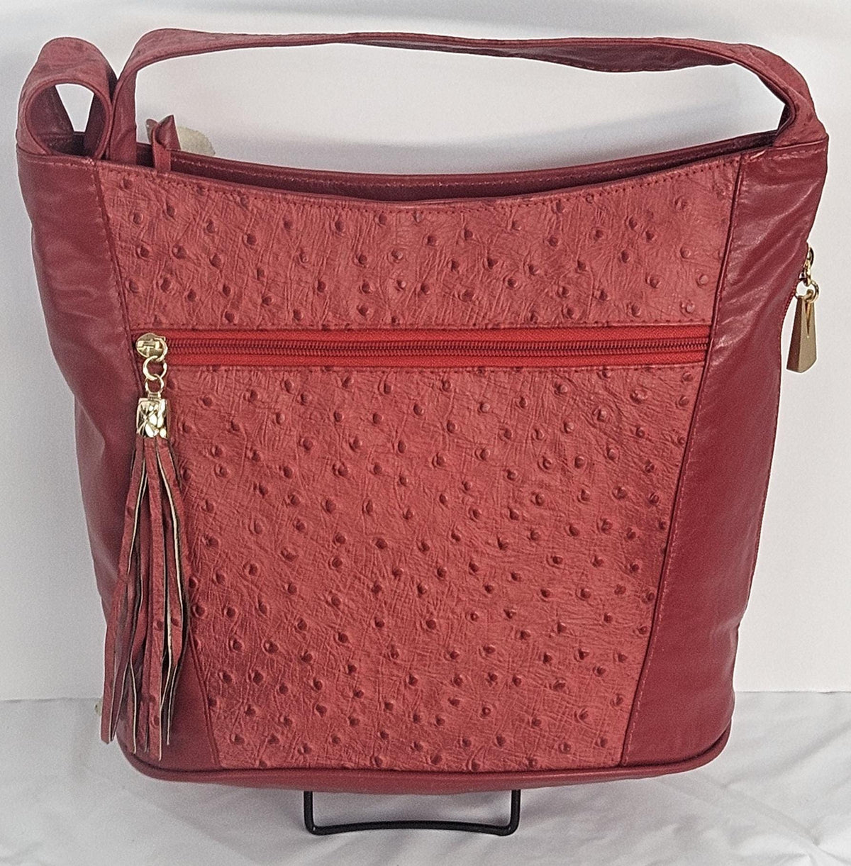 Red Ostrich Print Leather Handbag: Handmade in USA