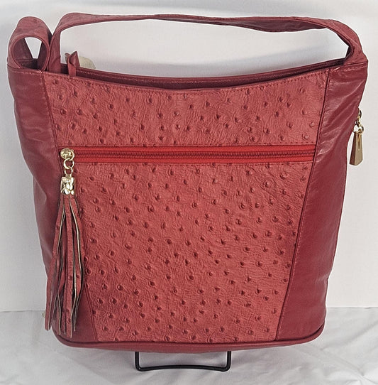 Red Ostrich Print Leather Handbag: Handmade in USA