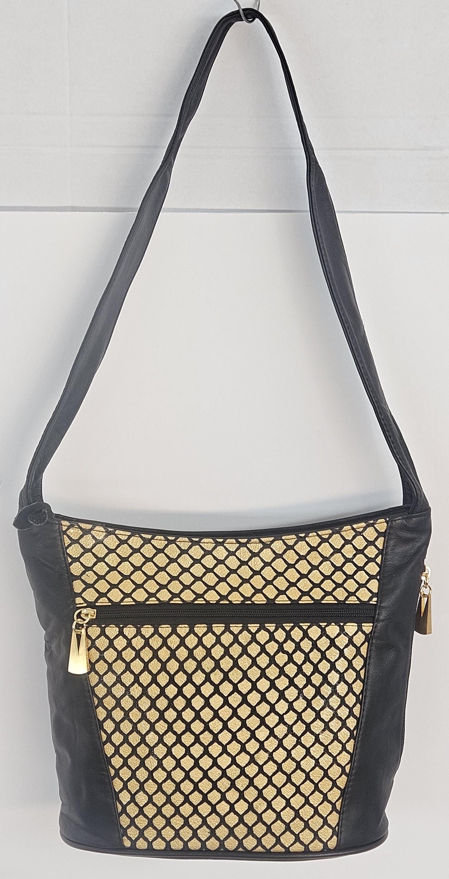 Black Leather Handbag: Gold & Black Print, Handmade in USA