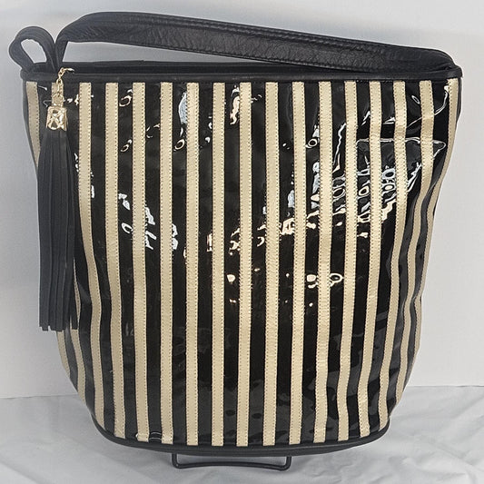 Black with black Patton and Champagne Stripes Zigzag Genuine Leather Hand Made Handbag.#TR2022Bk-bpatton-cham.Made in USA!