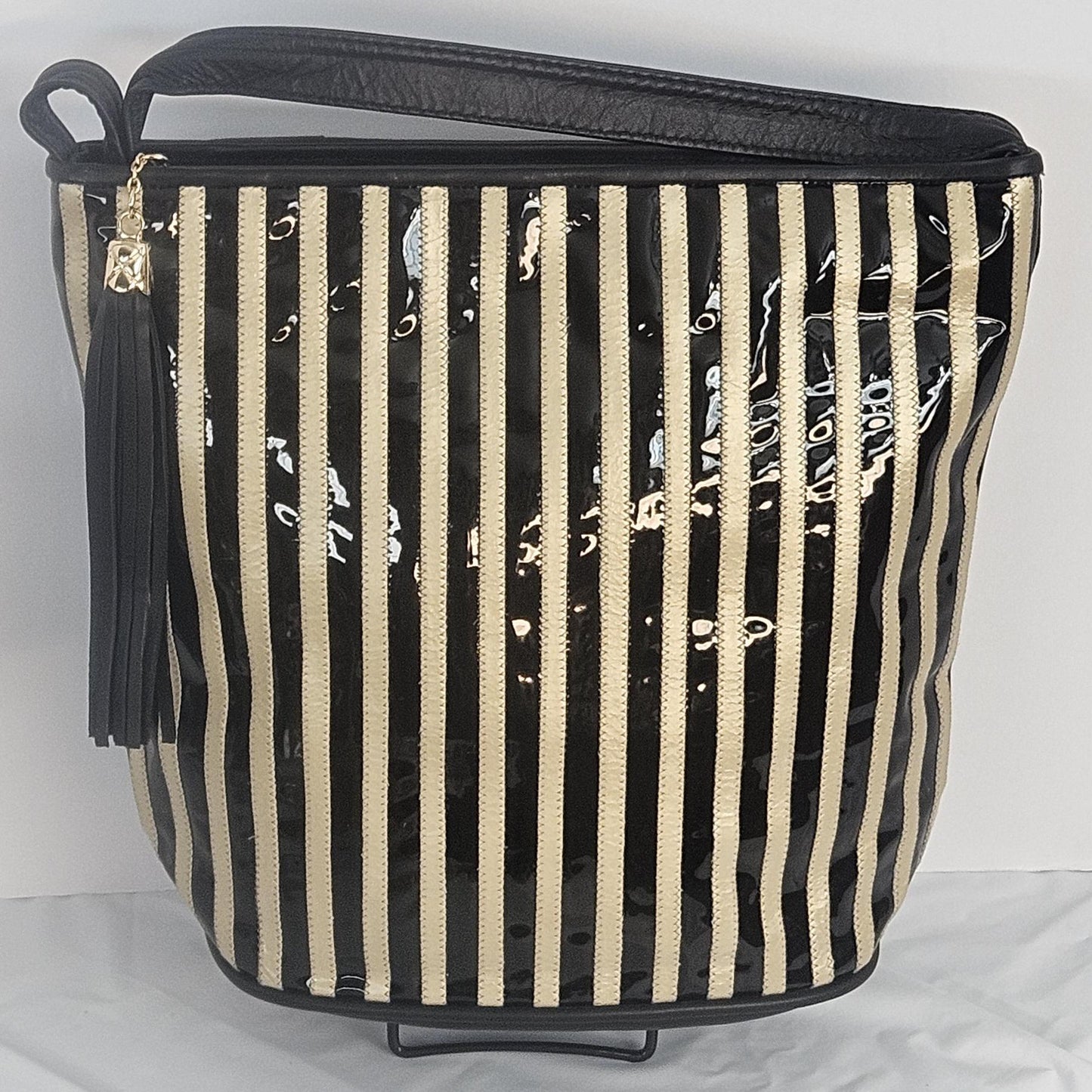 Zigzag Leather Handbag: Black Patton & Champagne Stripes, Handmade in USA