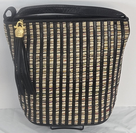 Handmade Black Leather Handbag: Champagne Fabric Stripes, Made in USA