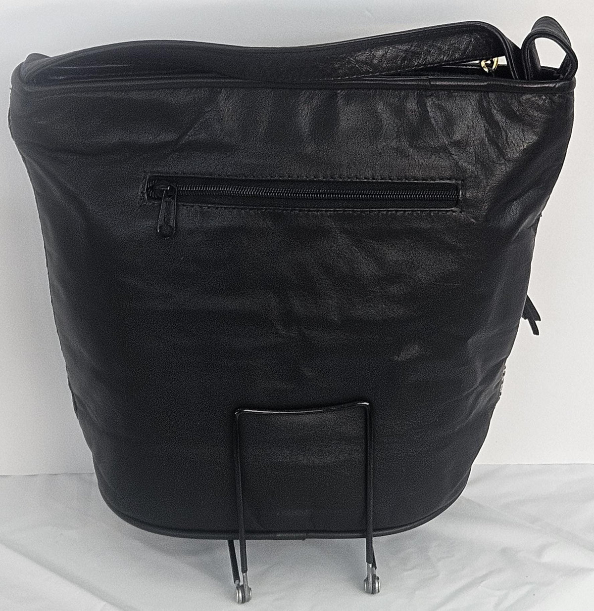 Handmade Black Leather Handbag: Champagne Fabric Stripes, Made in USA