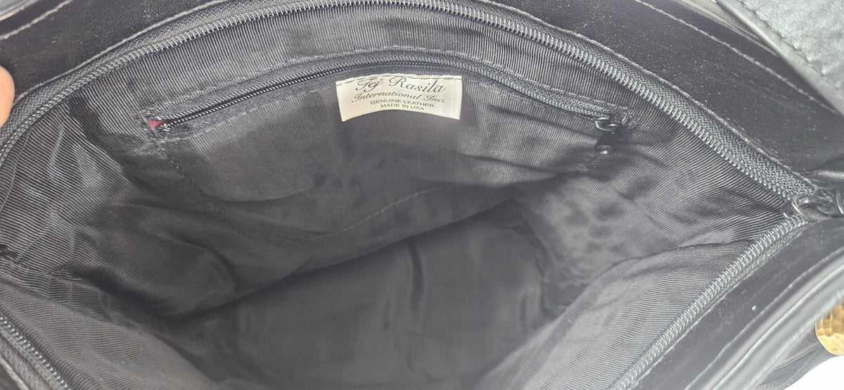 Handmade Black Leather Handbag: Champagne Fabric Stripes, Made in USA