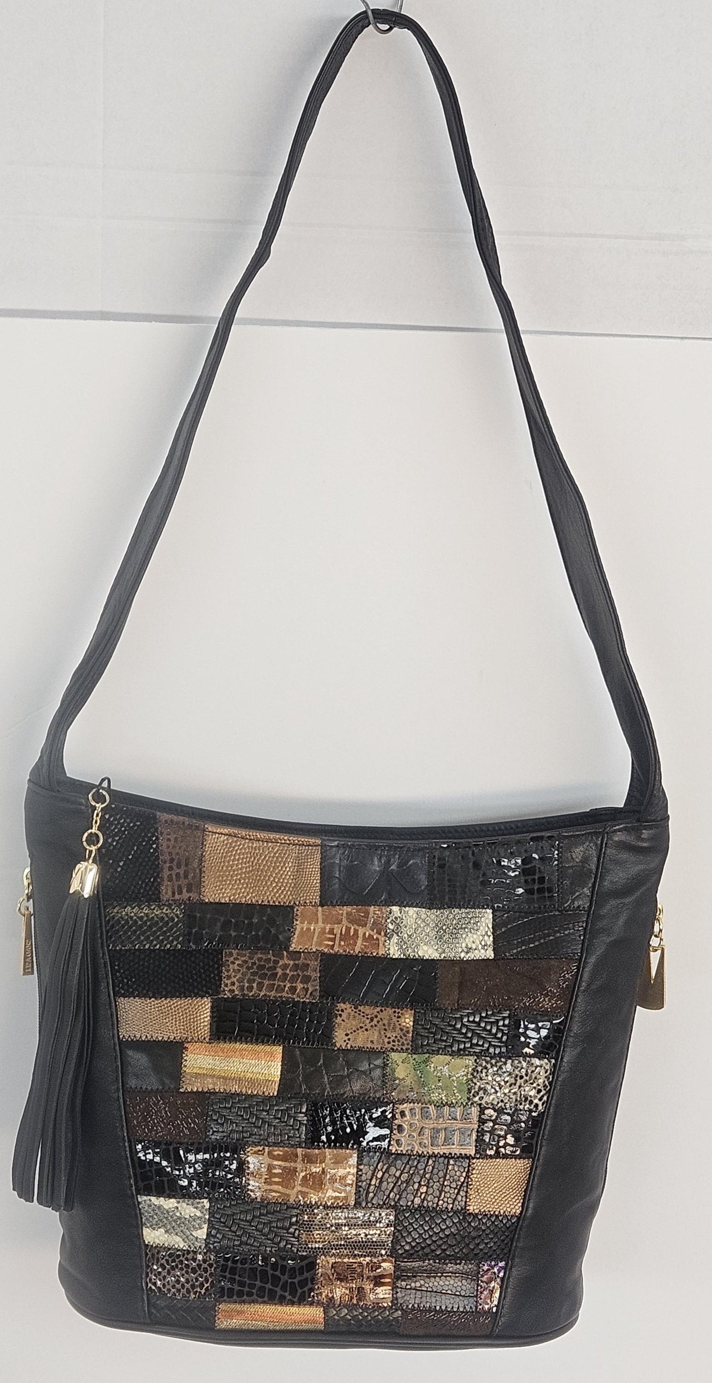 Black with Mix Print Zigzag Leather Hand Made Handbag!Made in USA!TR8006Bk-mix-z