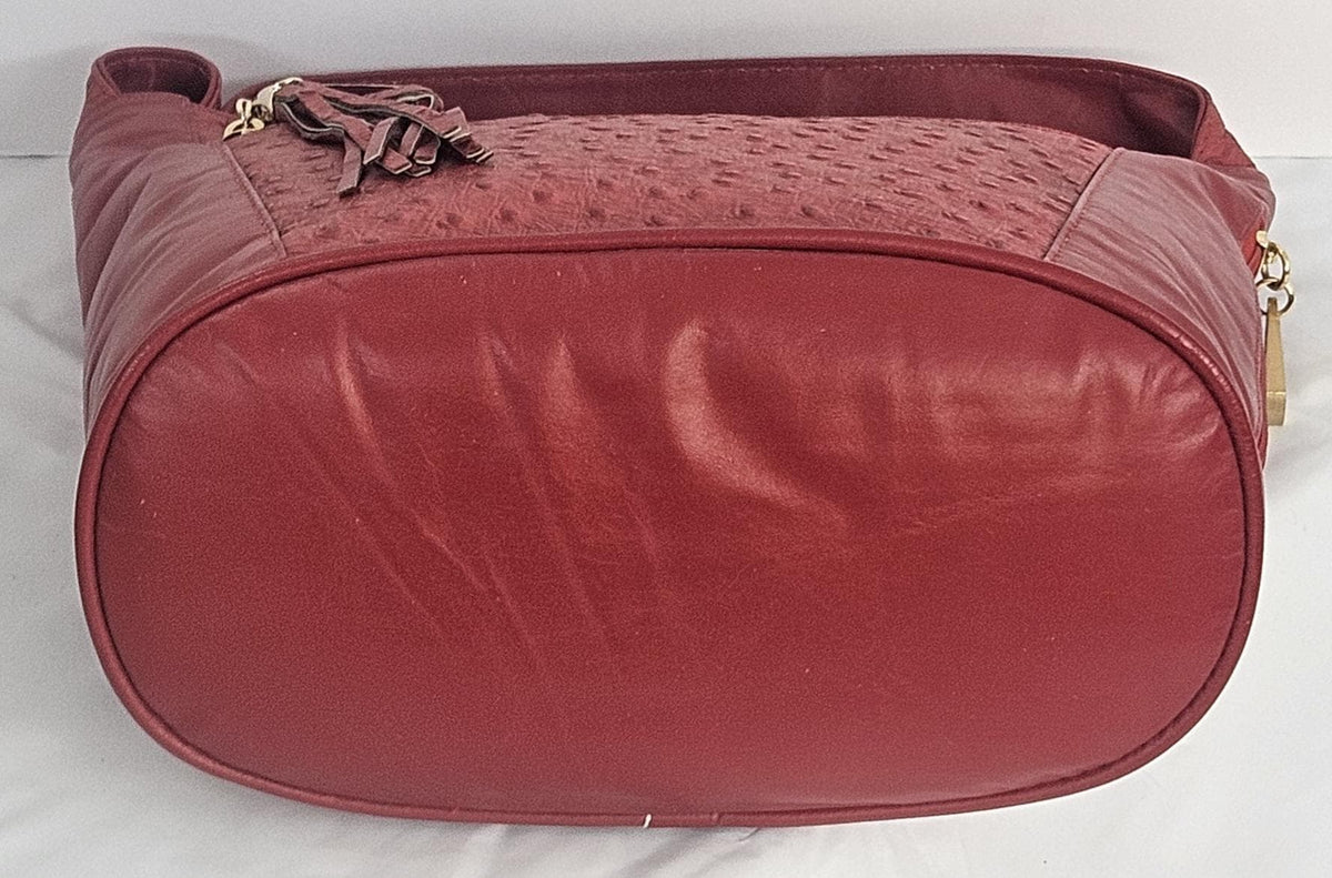 Red Ostrich Print Leather Handbag: Handmade in USA