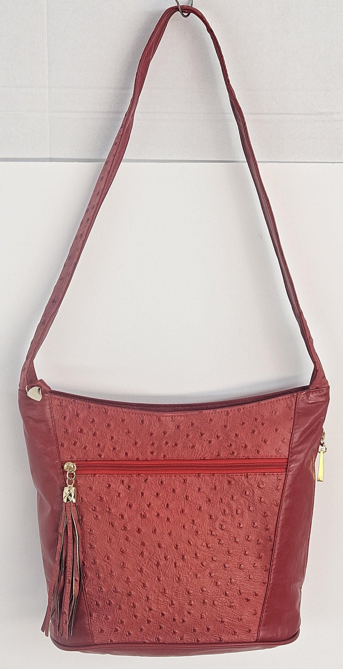 Red Ostrich Print Leather Handbag: Handmade in USA