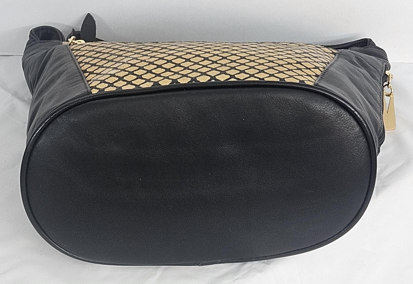 Black Leather Handbag: Gold & Black Print, Handmade in USA