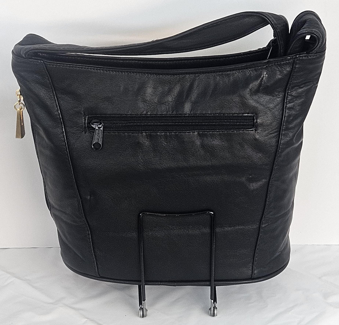 Black Leather Handbag: Gold & Black Print, Handmade in USA