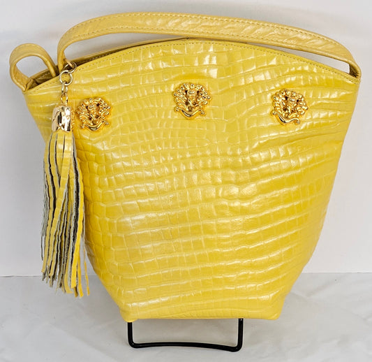 Yellow print Genuine Leather,with gold metal design Handbag.#TR-AS9047Yp. Made in USA!