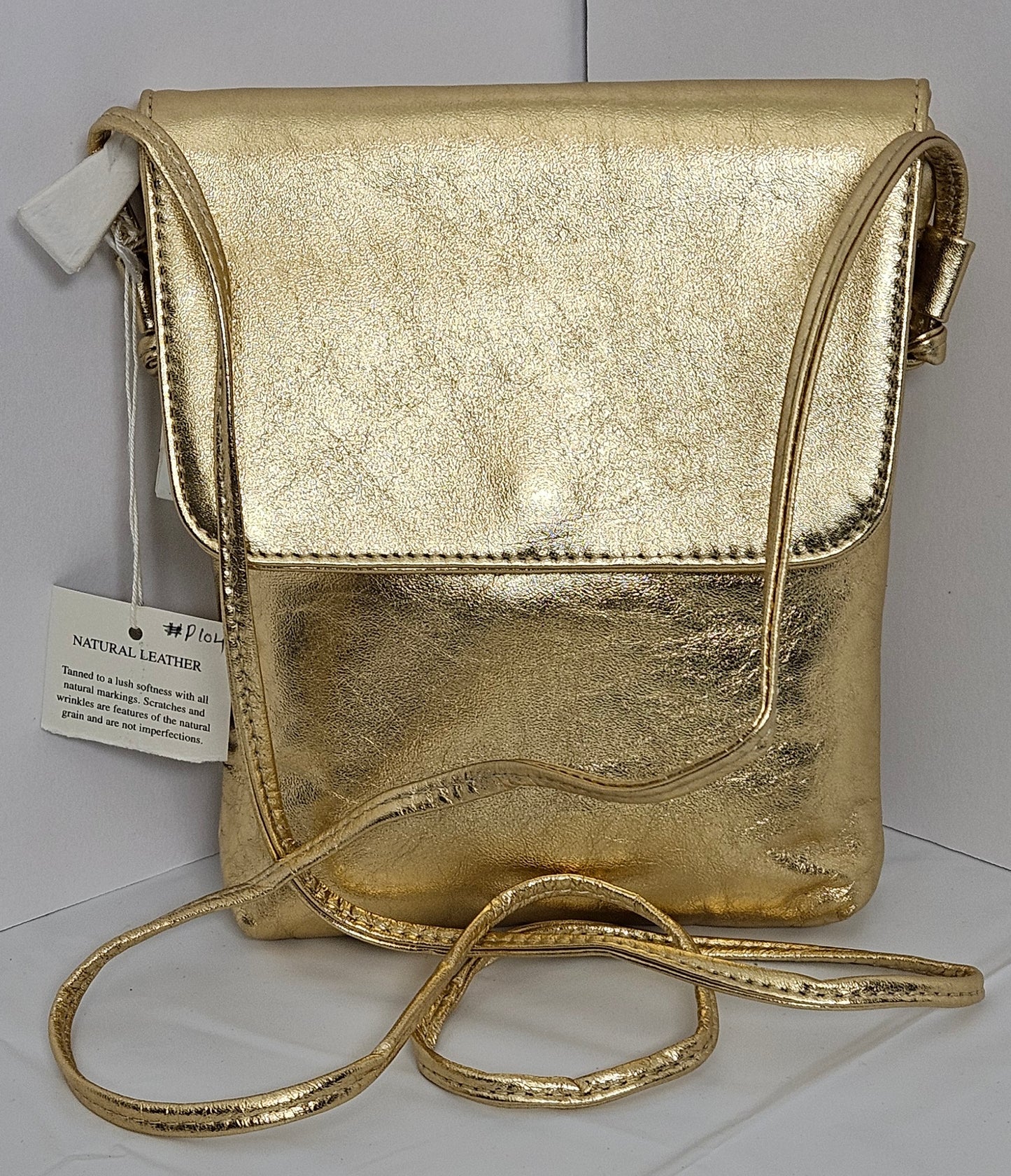 Gold Metallic Genuine Leather Handbag.Tr#p104G