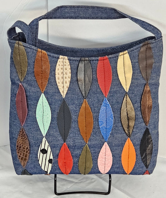 Blue Denim Crossbody Handbag for all!Moonbag,Gift for Mom,her,girls.Denim with multi color Leather design Purses Light weigh.