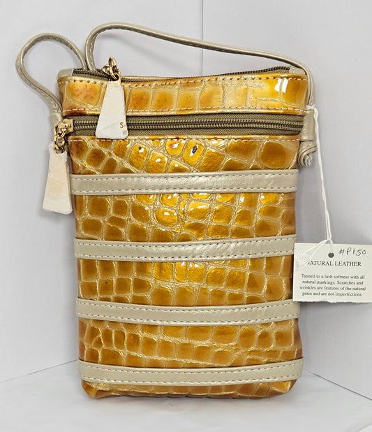 Champagne with yellow Crocodile Look Genuine Leather Handbag.Tr#p150cc.(101724)2